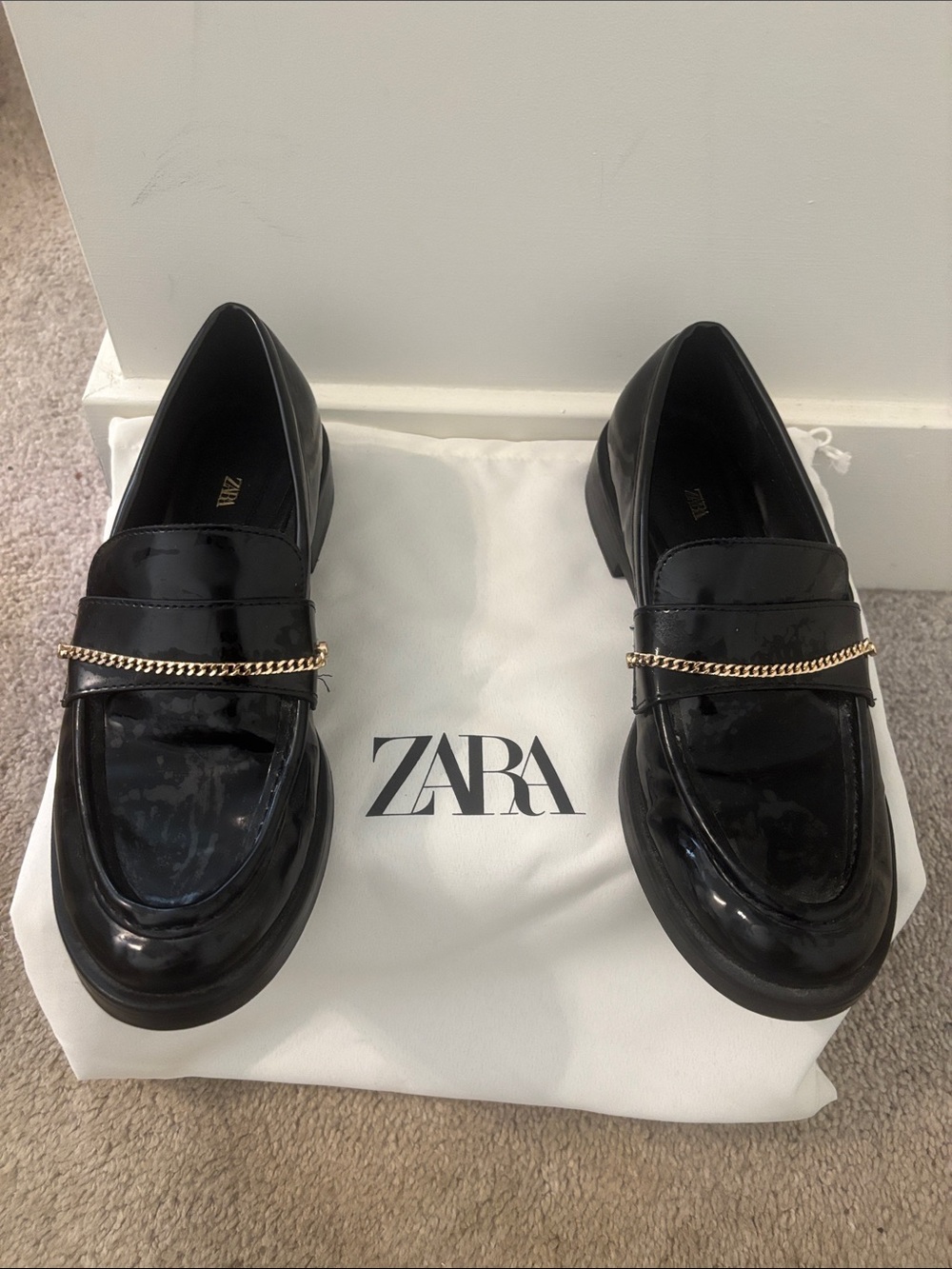 Zara Black Patent Loafers with Gold Chain Accent